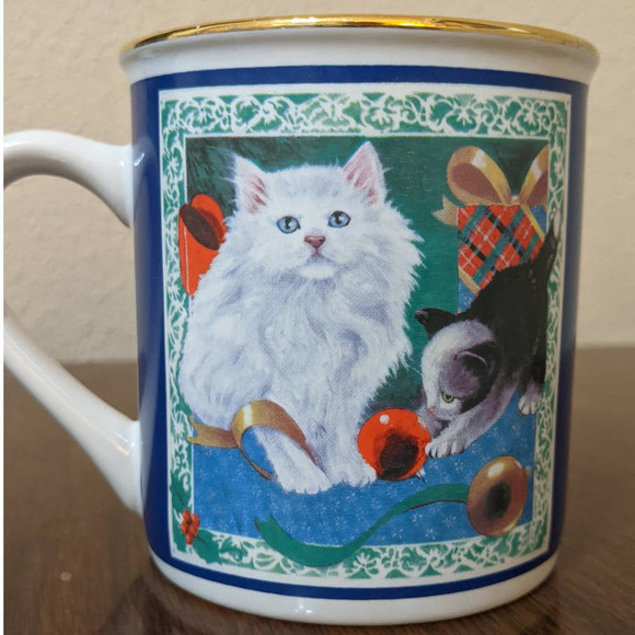 Vintage Christmas Cat Mug by Papel, Cat Playing w/ Ornaments Gold Rim Coffee Cup - Picture 8 of 10